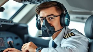 Professional pilot in commercial aircraft cockpit wearing headset and oxygen mask equipment, hands on control yoke with modern glass cockpit displays visible in background