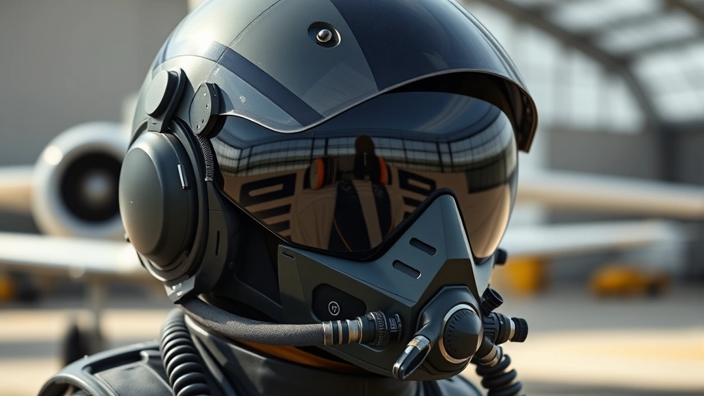 Close-up of advanced aviation helmet with integrated communication system, oxygen connection ports, and protective visor in neutral hangar setting with aircraft blurred behind