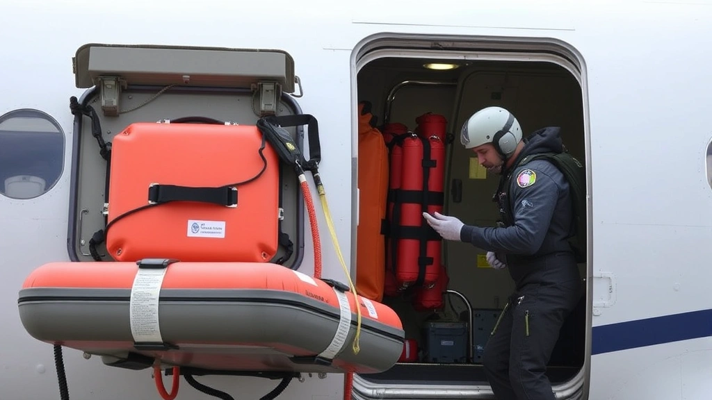 Emergency flotation equipment and life raft deployment demonstration with trained aircrew member in flight suit securing equipment to aircraft door during safety training exercise