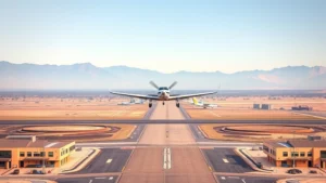 Aerial view of small regional aircraft taking off from Fresno Yosemite International Airport on a clear morning, showing runway and desert landscape below