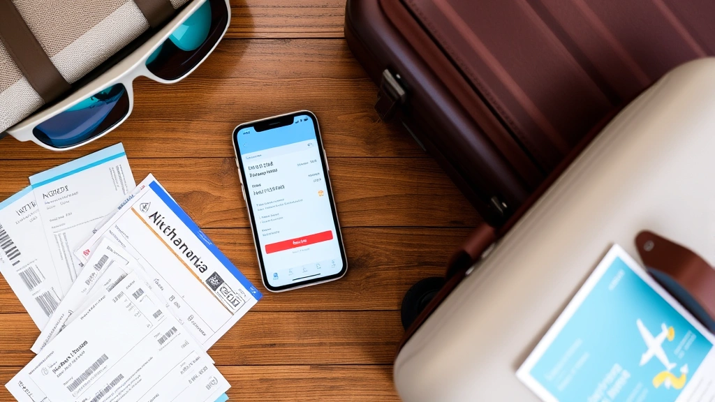 Overhead shot of airline boarding passes and mobile phone showing flight booking confirmation, with luggage and travel documents on wooden table