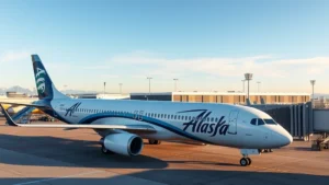 Modern Alaska Airlines aircraft in livery parked at airport gate during daytime with clear skies, showing full side profile and terminal building in background, photorealistic professional aviation photography