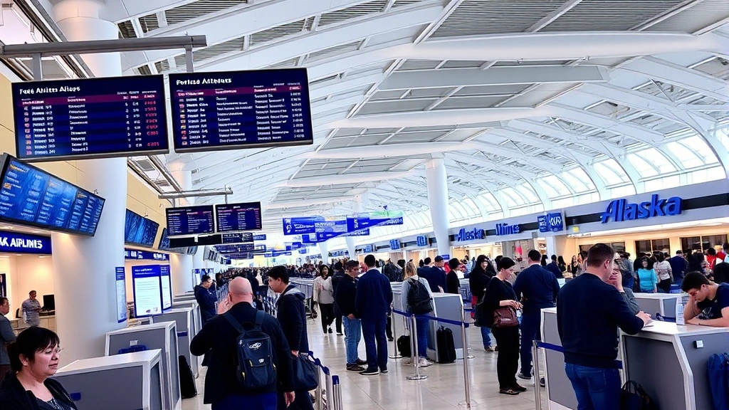 Busy airport terminal concourse with departure boards, passengers checking in at counters, Alaska Airlines signage visible, modern airport infrastructure, realistic travel environment