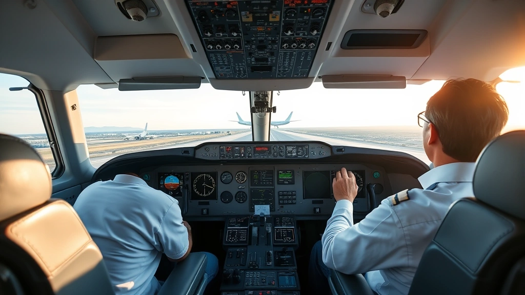 Modern commercial aircraft cockpit during daylight takeoff preparation with pilot performing pre-flight checks on control panels and displays