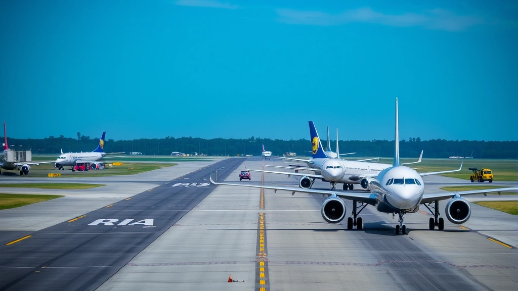 Orlando Sanford International Airport runway with aircraft lined up, showing runway infrastructure and emergency response vehicles in background