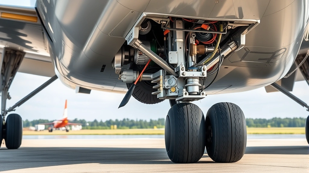 Aircraft landing gear deployment mechanism with hydraulic systems visible, technical detail showing braking components and safety systems