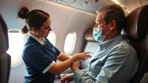 Professional cabin crew member providing medical assistance to a passenger in aircraft cabin during flight, showing compassion and training