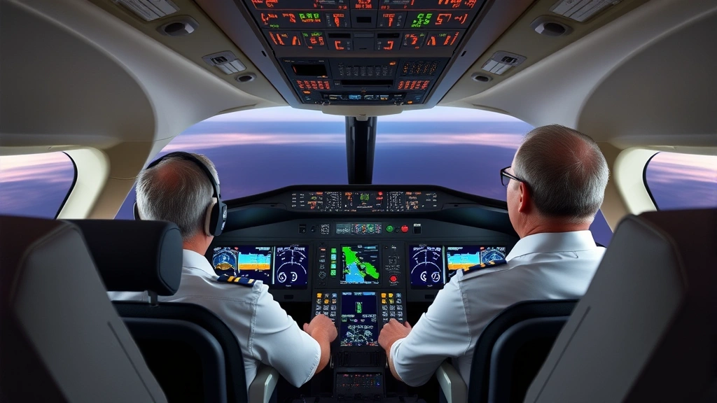 Boeing 787 Dreamliner cockpit interior with pilots monitoring advanced avionics displays and flight instruments during cruise