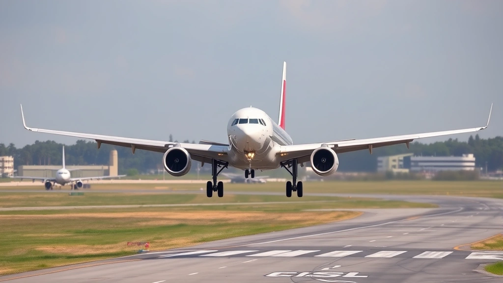 Commercial aircraft on final approach to runway with landing gear extended, showing precision flying and airport infrastructure
