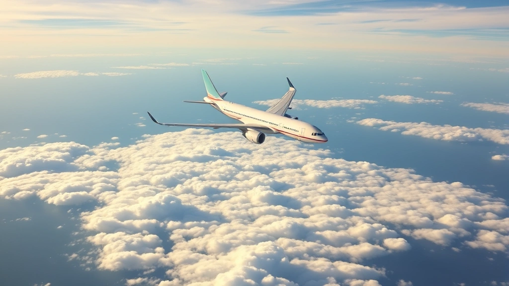 Transatlantic commercial aircraft in flight over Atlantic Ocean during daytime, with puffy white clouds below and horizon visible