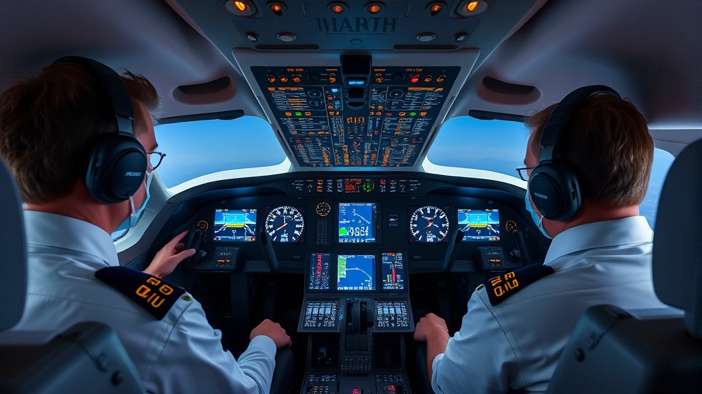 Modern aircraft cockpit with pilots performing pre-flight checks, multiple illuminated instrument panels and displays visible, professional aviation setting