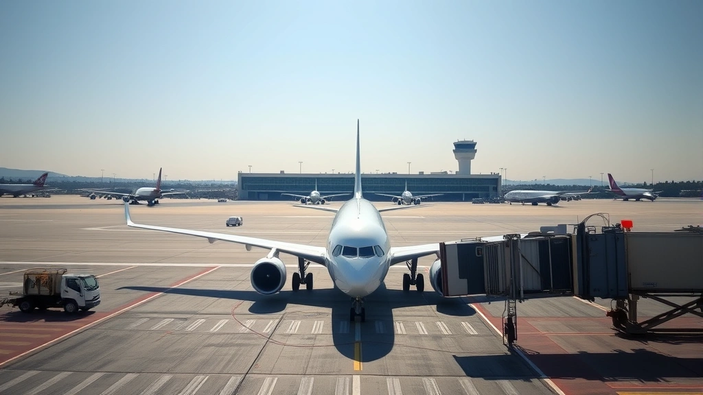 Rome Fiumicino Airport tarmac with large commercial aircraft parked at gate, airport terminal building visible in background, Mediterranean light