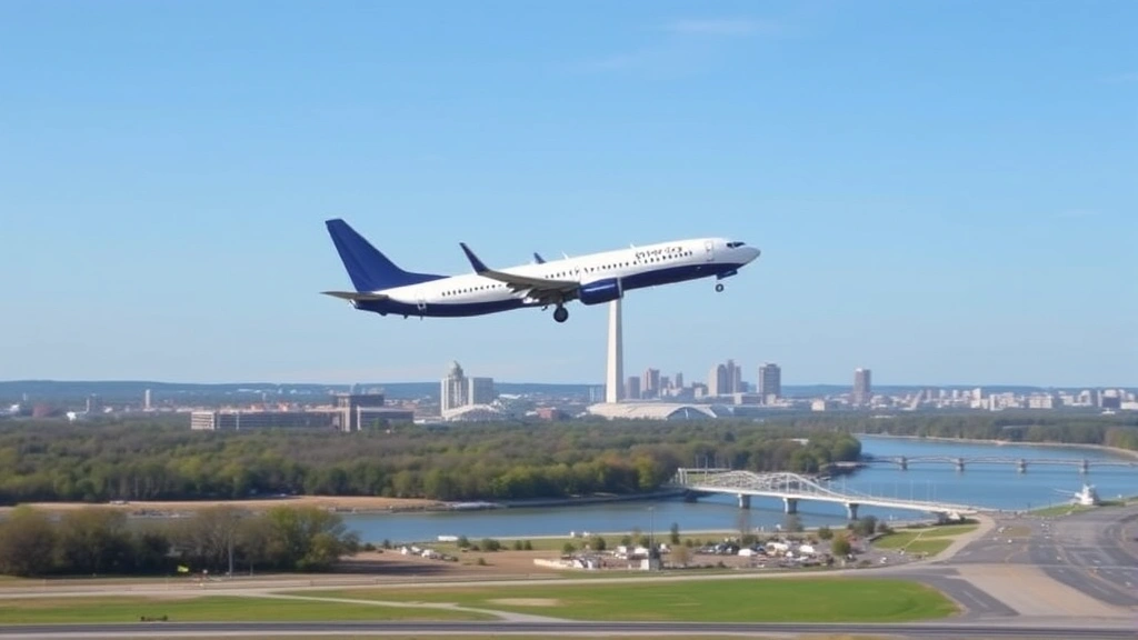 Boeing 737 commercial aircraft on final approach to Reagan National Airport with Potomac River and Washington D.C. skyline visible in background, clear day with blue sky