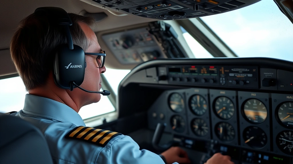 American Airlines pilot in cockpit wearing headset, focused on instrument panel during descent approach, professional aviation environment with multiple gauges and displays visible