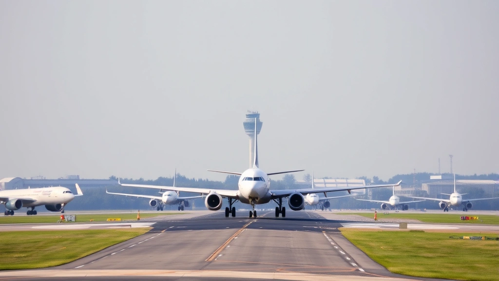 Reagan National Airport runway with aircraft lined up for landing, control tower visible, ground crew preparing runway, busy airport operations with clear weather conditions