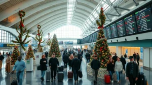 Busy airport terminal during Christmas with decorated trees, travelers with luggage, and departure boards displaying flight information, morning natural lighting, wide-angle perspective