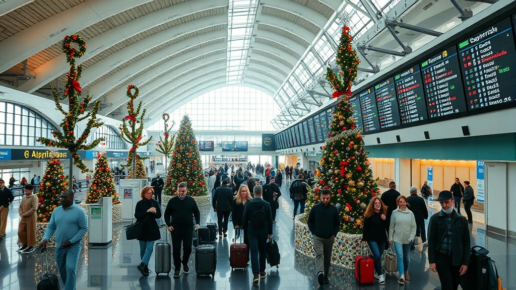 Busy airport terminal during Christmas with decorated trees, travelers with luggage, and departure boards displaying flight information, morning natural lighting, wide-angle perspective