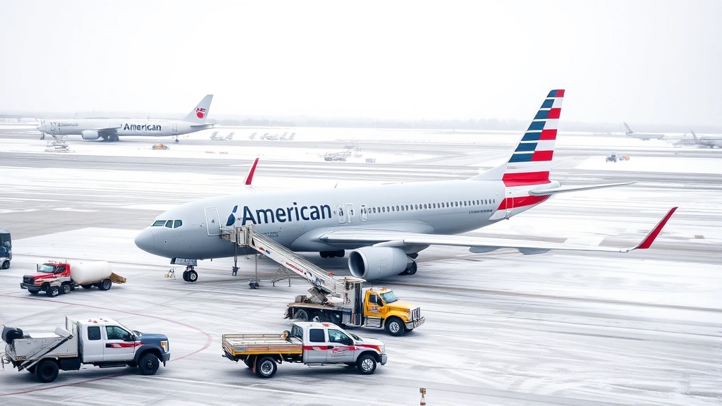 American Airlines aircraft on snowy tarmac with de-icing trucks and ground crew, winter weather conditions visible, runway and airport infrastructure in background