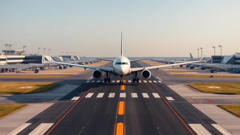Commercial aircraft landing at busy airport terminal during clear weather, photorealistic wide-angle view showing runway approach and ground infrastructure, daylight conditions