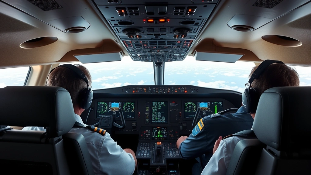Cockpit interior showing pilots monitoring flight instruments and displays during cruise flight, realistic cabin perspective with overhead panels and control columns visible, professional aviation environment