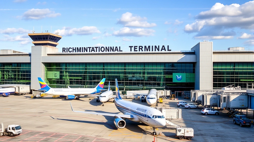Richmond International Airport terminal building exterior with commercial aircraft parked at gates, modern architecture and ground vehicles, daytime professional aviation photography