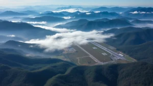 Aerial view of Asheville Regional Airport surrounded by Blue Ridge Mountains with morning fog rolling through valleys, professional photography, clear runway visible