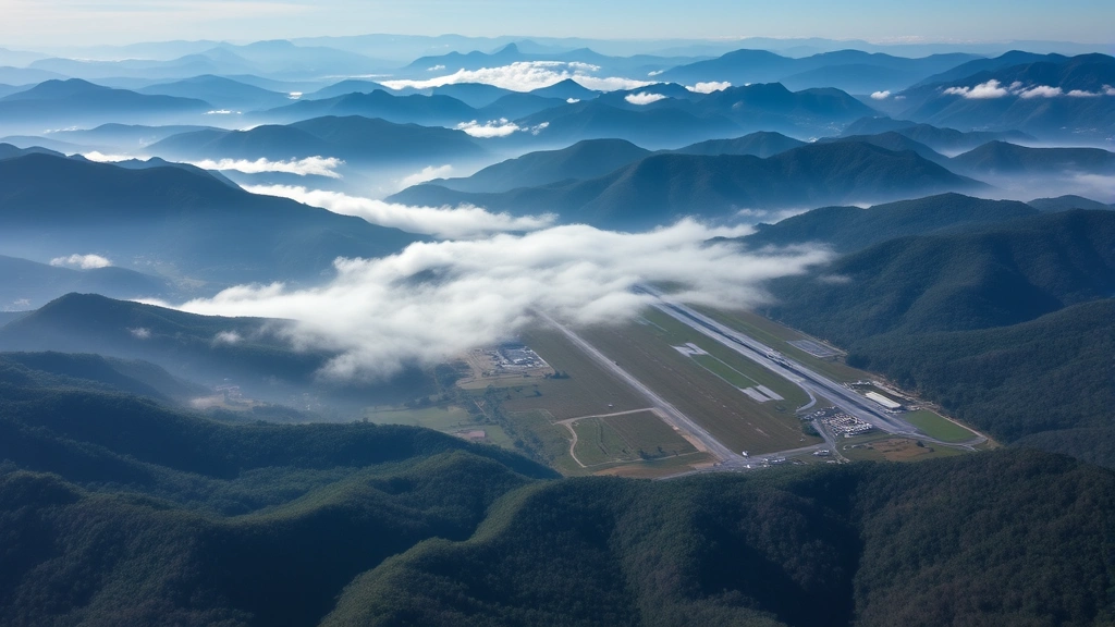 Aerial view of Asheville Regional Airport surrounded by Blue Ridge Mountains with morning fog rolling through valleys, professional photography, clear runway visible