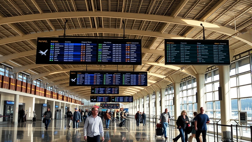 Asheville airport terminal interior with departure boards and passengers, modern regional airport setting, natural lighting, travel scene