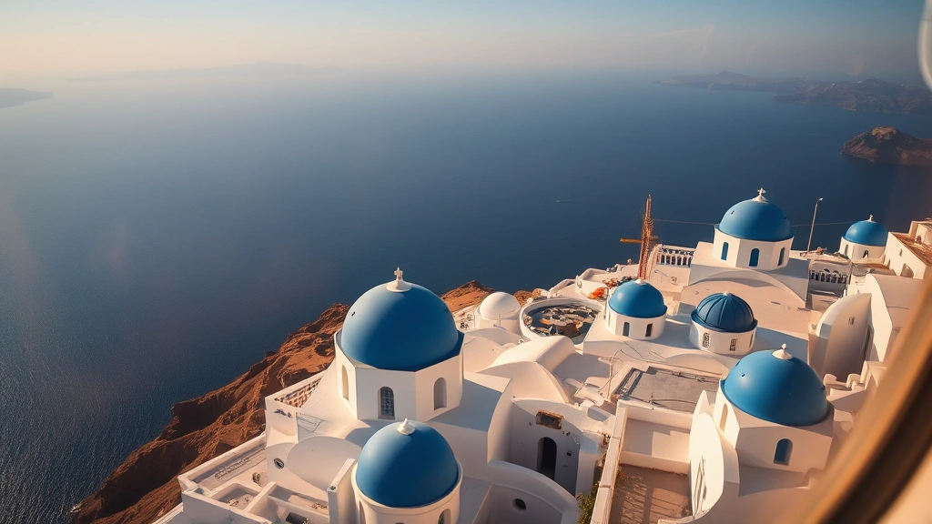 Aerial view of Santorini's white-washed buildings with blue domes overlooking the Aegean Sea, taken from an aircraft window during approach to Thira Airport, golden afternoon light