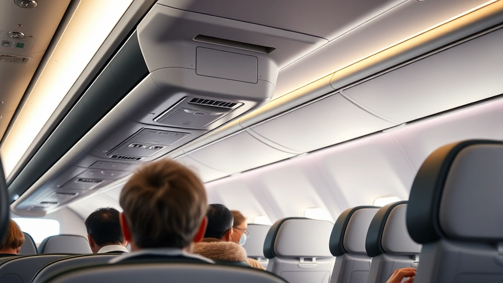 Modern aircraft cabin interior during short flight with passengers boarding, showing overhead bins and comfortable seating, bright natural light from aircraft windows