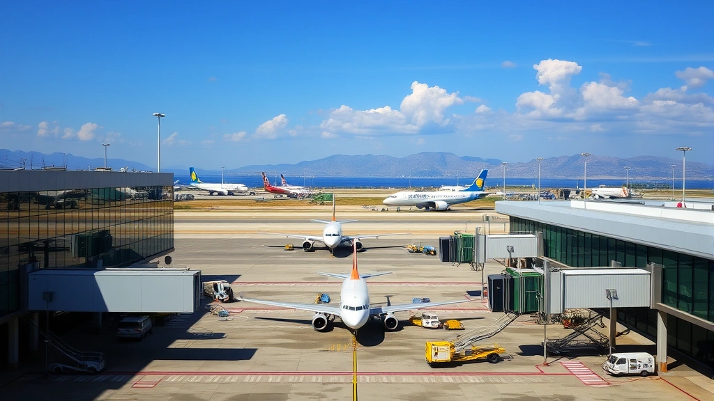 Scenic view of Athens Eleftherios Venizelos Airport terminal exterior with aircraft parked at gates, Mediterranean landscape visible in background, daytime