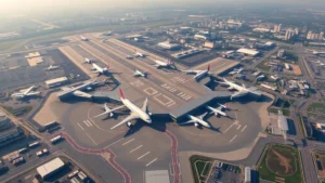 Aerial view of Atlanta's Hartsfield-Jackson International Airport with multiple aircraft and runway infrastructure visible during daytime, modern airport landscape