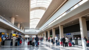 Hartsfield-Jackson Atlanta International Airport terminal interior with passengers checking in at counters, modern airport architecture, natural lighting from skylights, diverse travelers with luggage