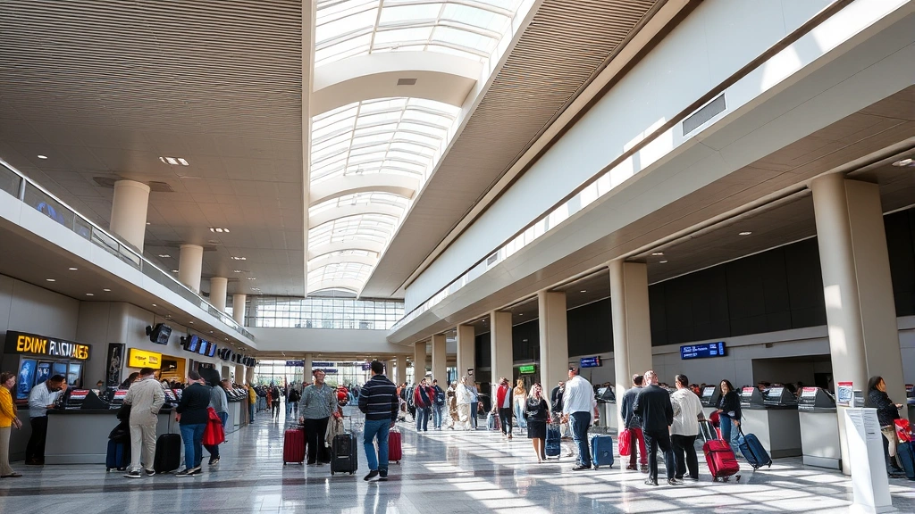 Hartsfield-Jackson Atlanta International Airport terminal interior with passengers checking in at counters, modern airport architecture, natural lighting from skylights, diverse travelers with luggage