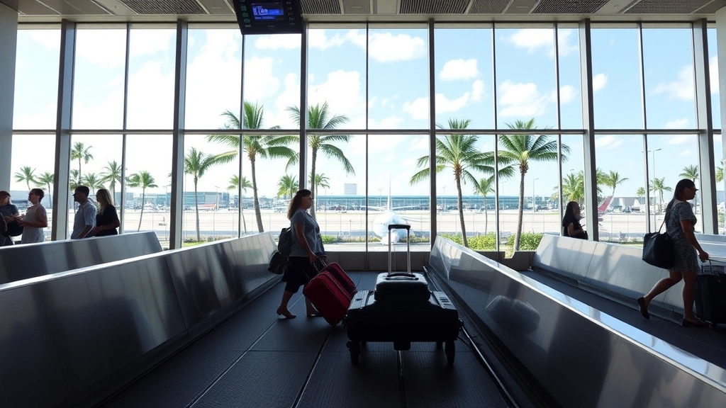 Miami International Airport baggage claim area with carousel moving luggage, tropical outdoor views through windows, palm trees visible outside terminal, modern airport design, travelers collecting bags