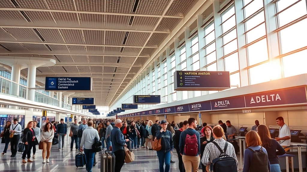 Busy Atlanta Hartsfield-Jackson International Airport terminal with travelers checking in at Delta counter, modern architecture with natural lighting, morning departure time atmosphere