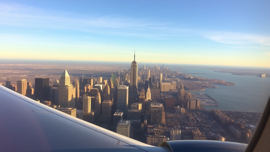 Aerial view of New York City skyline with Manhattan buildings and Hudson River, taken from aircraft window during approach, golden hour lighting with clear visibility