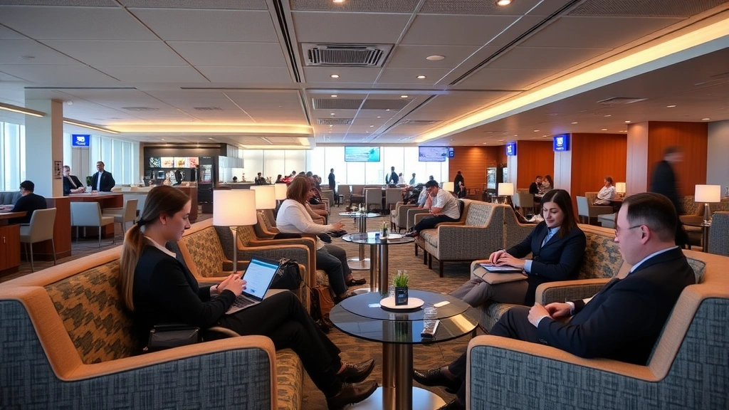Airport lounge interior with comfortable seating, travelers using laptops and phones, modern amenities, business casual atmosphere, warm ambient lighting