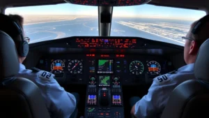 Commercial aircraft cockpit with pilots monitoring multiple digital displays and instrument panels during flight operations