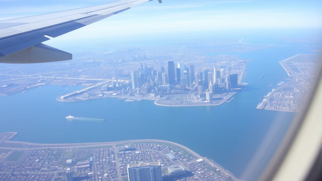 Aerial view of Boston skyline with harbor and downtown skyscrapers visible from airplane window during daytime flight approach