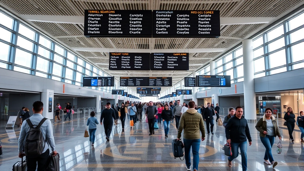 Busy Atlanta Hartsfield-Jackson International Airport terminal with passengers walking through modern corridor, departure boards visible overhead