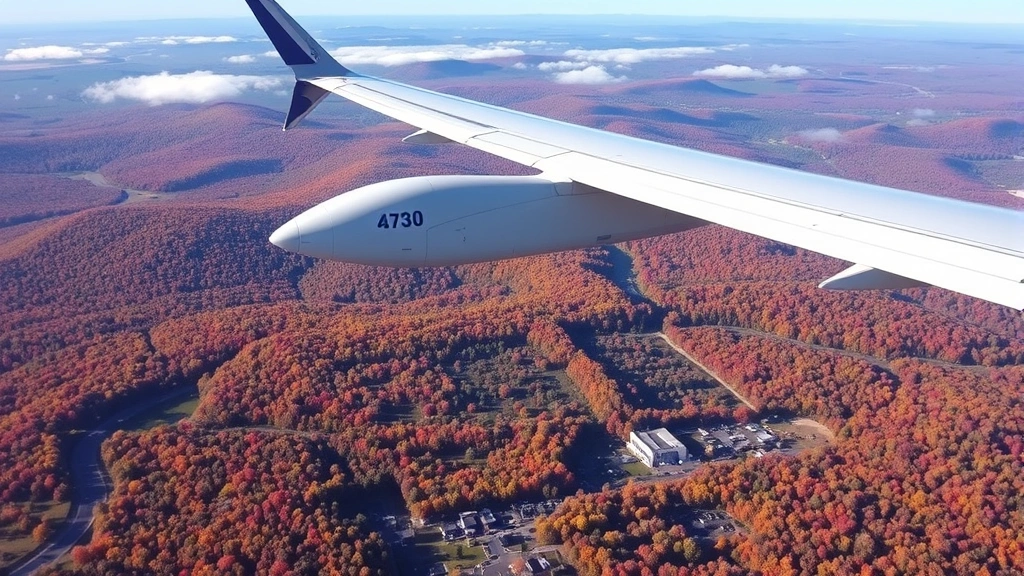 Commercial airplane mid-flight over New England landscape with fall foliage forests and small towns visible below on clear day