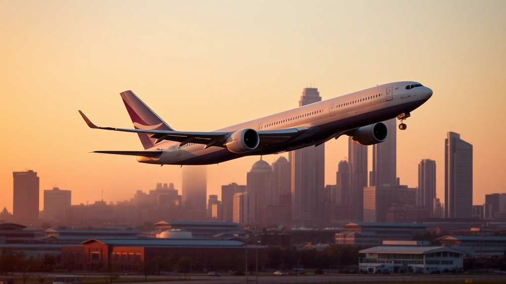 Commercial airplane taking off from Hartsfield-Jackson Atlanta International Airport with city skyline in background during golden hour, realistic photography