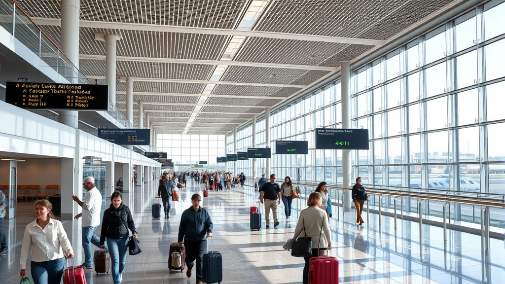Busy airport terminal at Dallas Love Field with travelers walking with luggage, modern architecture, natural daylight, photorealistic scene