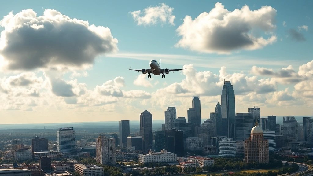 Aerial view of Atlanta downtown skyline with airplane approaching for landing, clouds, urban landscape, professional travel photography