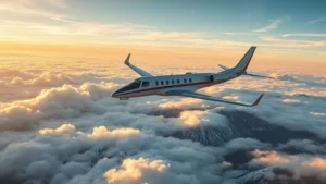 Modern aircraft cruising above white clouds with Colorado Rocky Mountains visible below in the distance, golden hour sunlight, photorealistic professional aviation photography