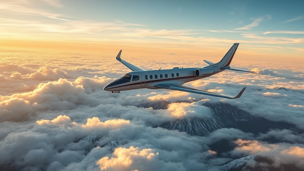 Modern aircraft cruising above white clouds with Colorado Rocky Mountains visible below in the distance, golden hour sunlight, photorealistic professional aviation photography