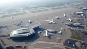 Aerial view of Hartsfield-Jackson Atlanta International Airport with multiple aircraft on tarmac, modern terminal buildings, and runway infrastructure visible from above