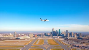 Aerial view of Atlanta skyline with Hartsfield-Jackson International Airport runways visible below, commercial aircraft taking off into clear blue sky, modern city buildings in background