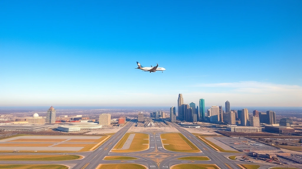 Aerial view of Atlanta skyline with Hartsfield-Jackson International Airport runways visible below, commercial aircraft taking off into clear blue sky, modern city buildings in background
